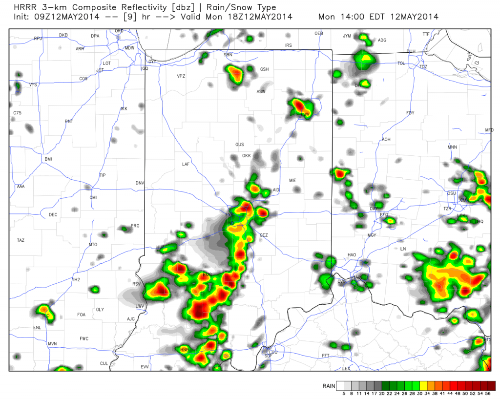 Forecast radar at 2:00p today, via the short-term high resolution HRRR forecast model.