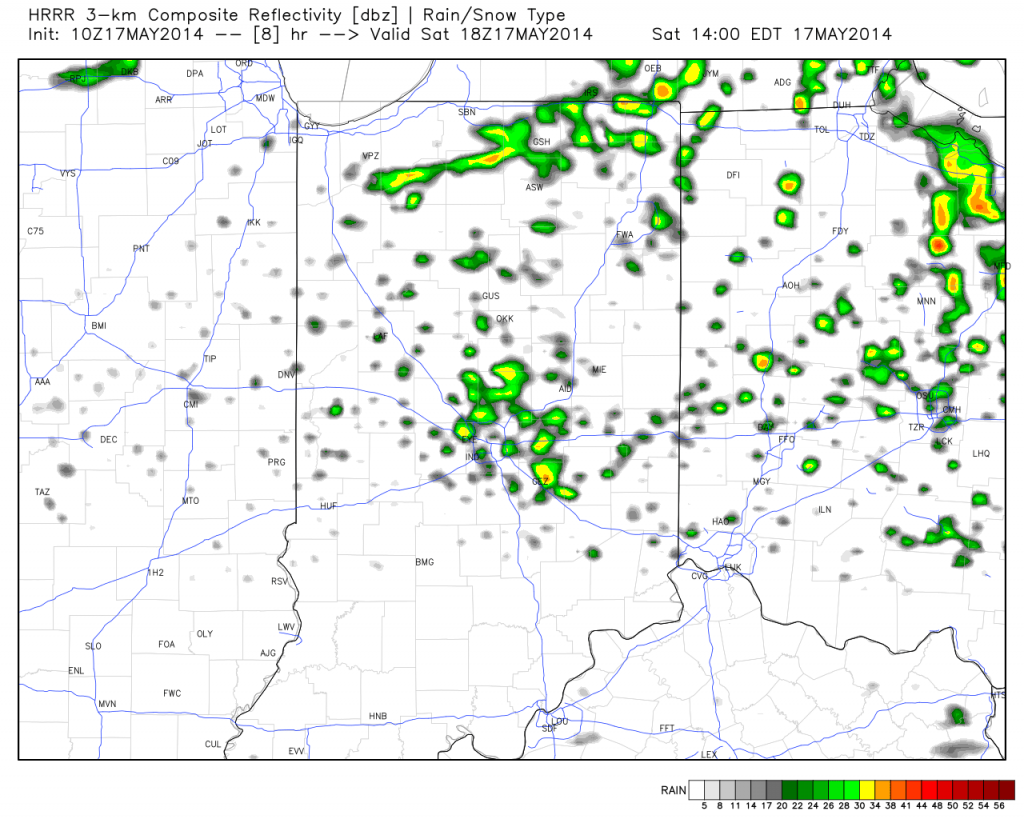 Forecast radar valid at 2p today shows scattered showers developing.