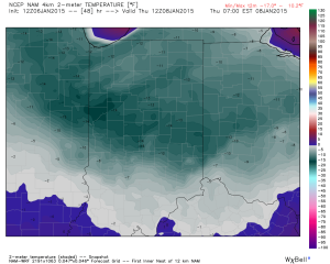 Modeled forecast lows Thursday morning.