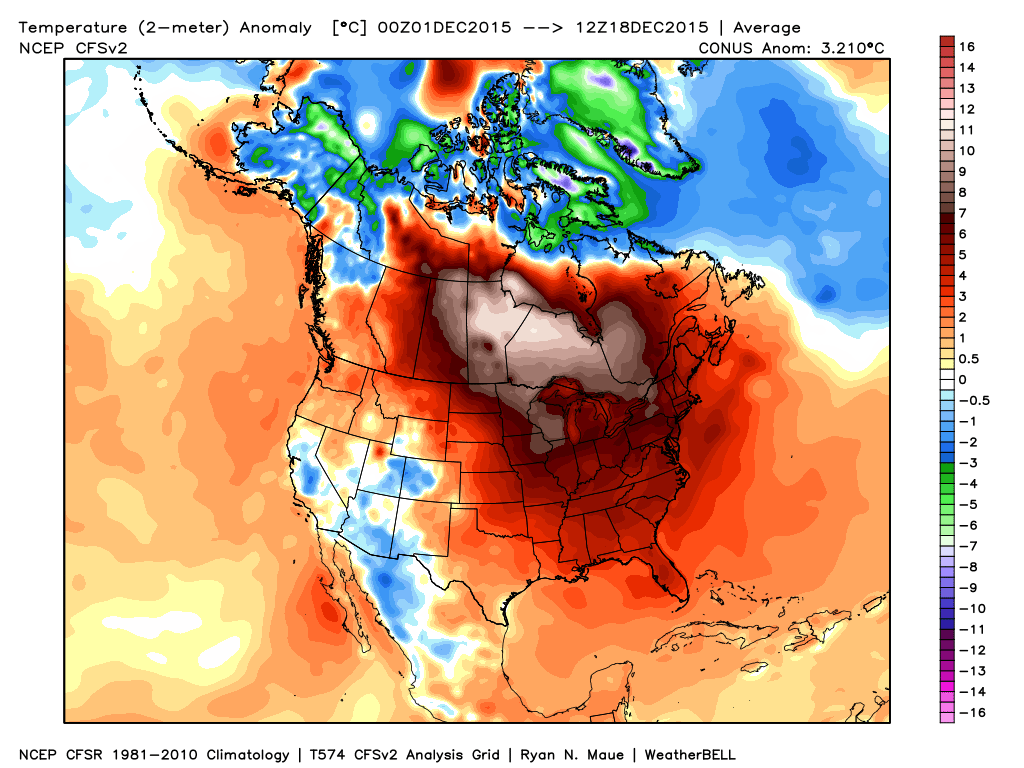 Month-to-date, December has been a warmer than normal month for most of the country. Source: Weatherbell.com