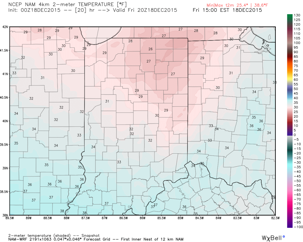 High resolution NAM highs for Friday. Source: Weatherbell.com