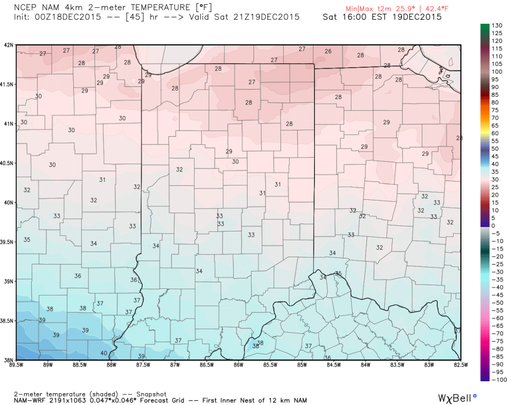 High resolution NAM highs for Saturday. Source: Weatherbell.com