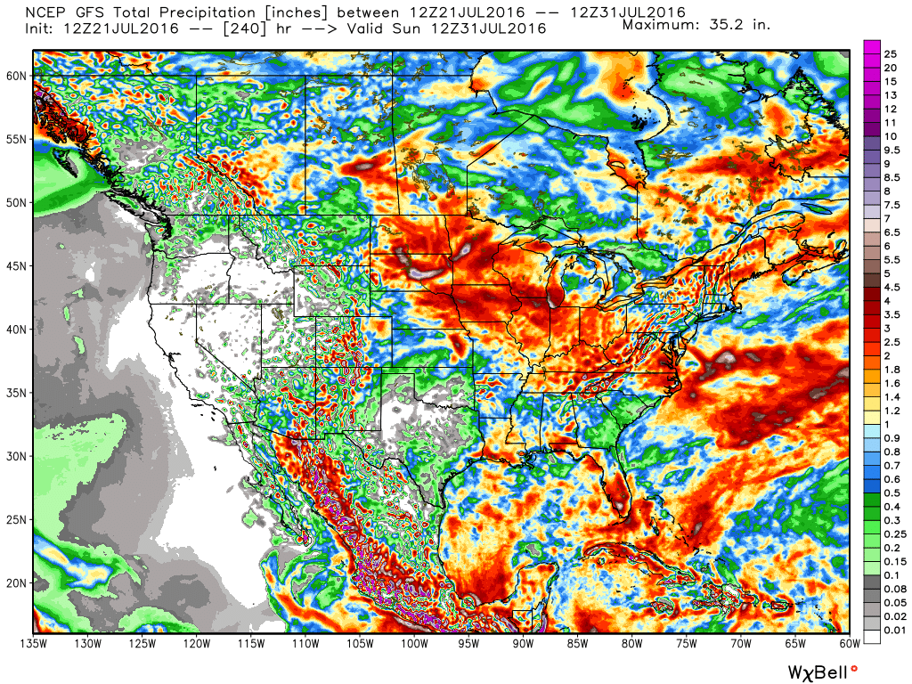 10-Day GFS rainfall numbers are impressive across the Mid West. Soaking rains for many. Courtesy Weatherbell.com