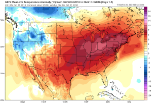 The warmest temperature anomalies will be located over the Ohio Valley this week. Courtesy of Tropicaltidbits.com