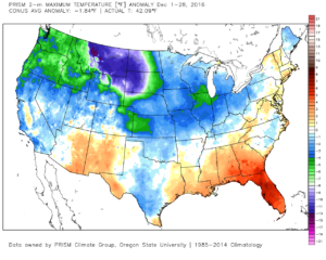 December temperature anomalies, courtesy of Weatherbell.com.