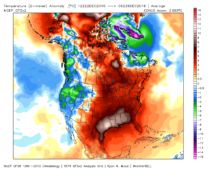 Temperature anomalies the last 7 days. Courtesy of Weatherbell.com.